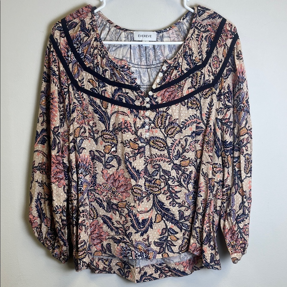 Evereve Navy and Pink Floral Blouse